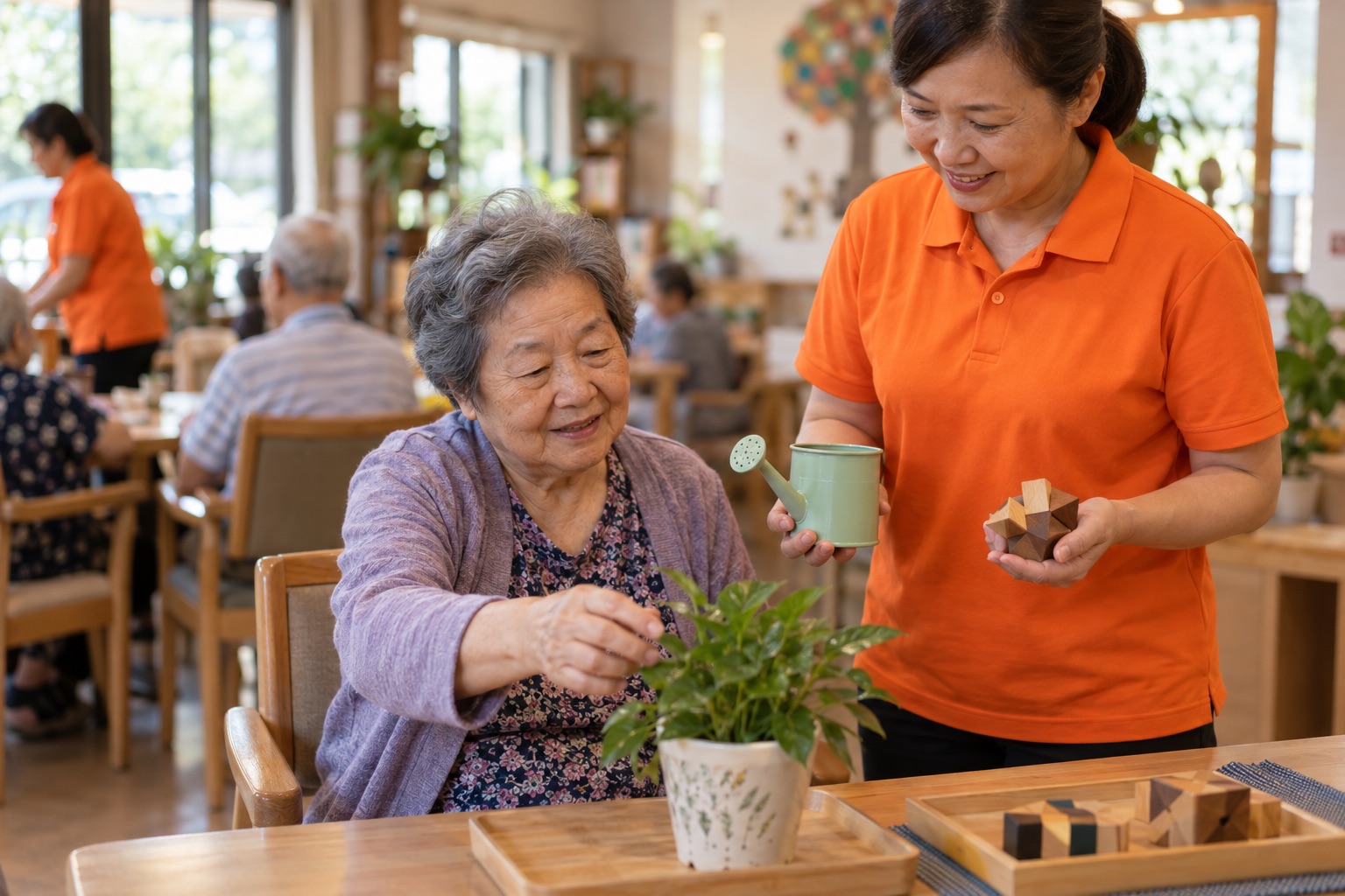 台灣年長女性在日照中心主動選擇替植物澆水，穿鮮橘短袖 polo 的照顧人員在旁提供選項