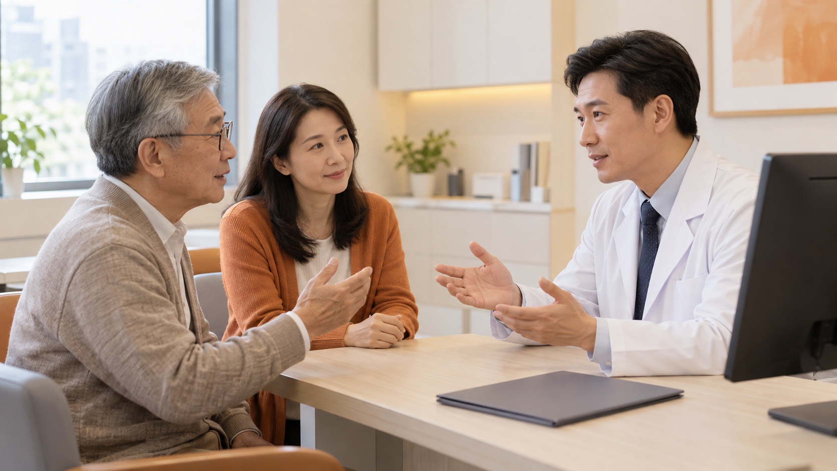 AI 生成情境示意：眼科醫師在明亮門診與長者及成年家屬平等討論治療選擇。